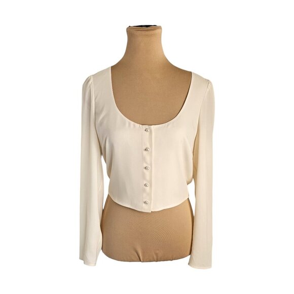 Sunday Best Kissy Blouse Cream Pearl Button Long Sleeve Cropped Blouse Sz S - Picture 7 of 14